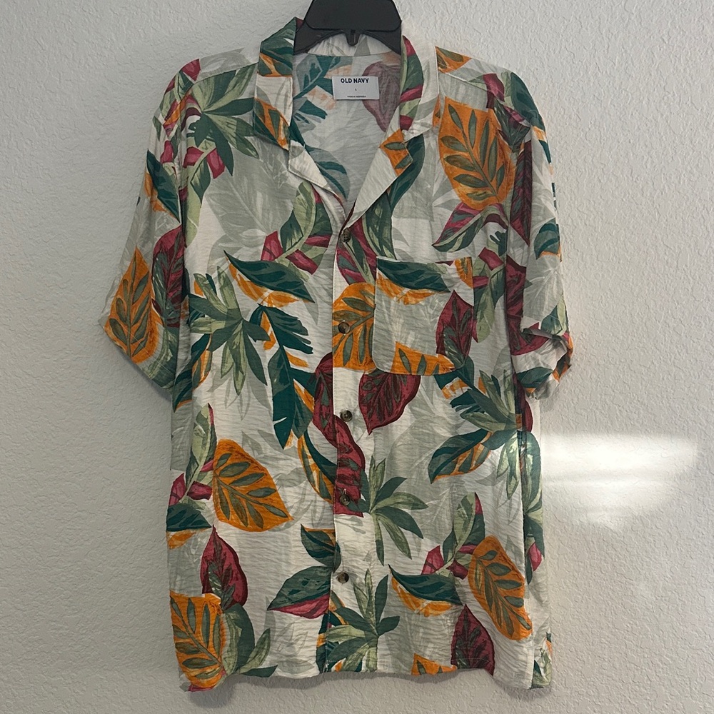 Old Navy Short-Sleeve Tropical Leaf Button-Up Shirt - Green, Yellow, Pink